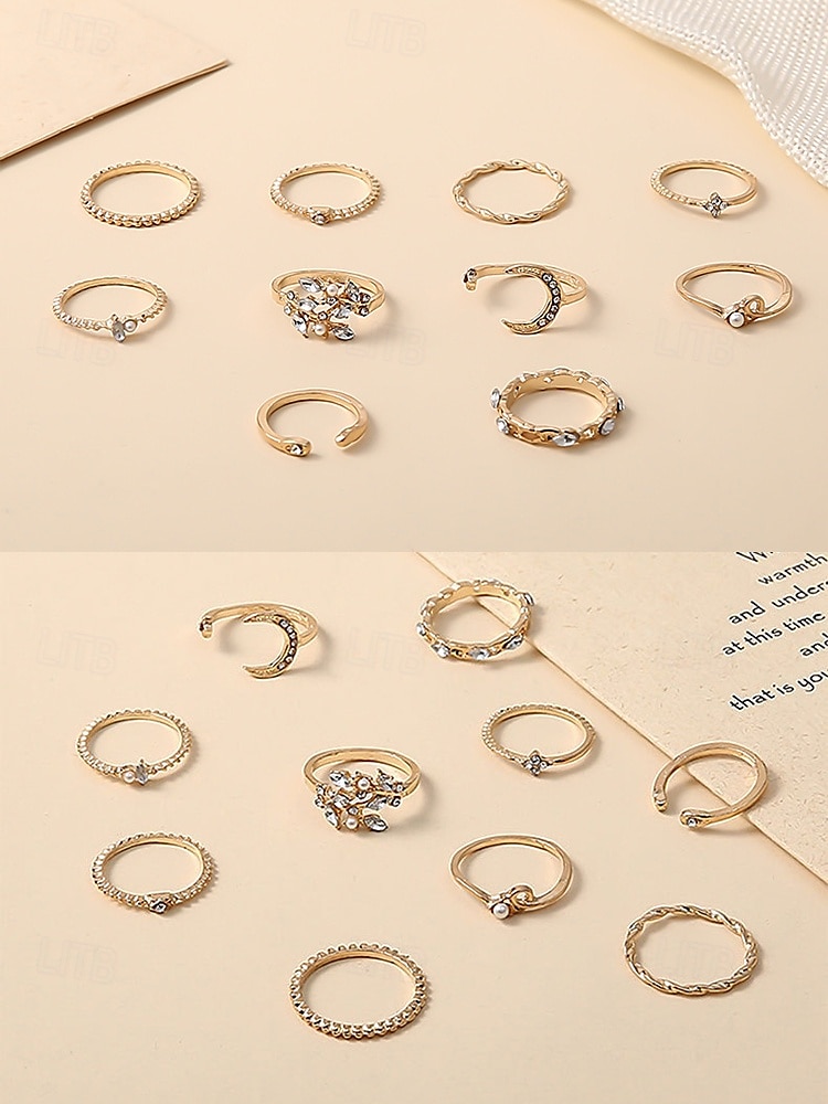 vergulde stapelringenset voor dames – verstelbare ringen versierd met strass en parels, trendy boho-stijl voor casual en formele gelegenheden 2025 - $9.99 –P4