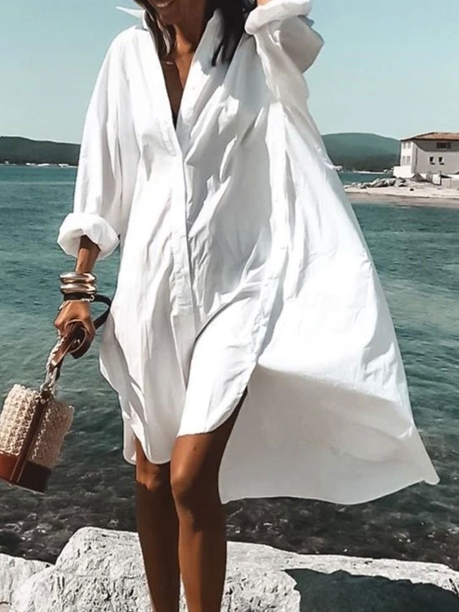 Damen kleid lang blusenkleid Casual kleid Stilvoll Brautkleider schlicht Urlaub Täglich Lockere Passform Graphic Langarm Hemdkragen Weiß Gelb Rosa Leicht Blau Sommer Frühling Herbst 2025 - $26.99 –P4