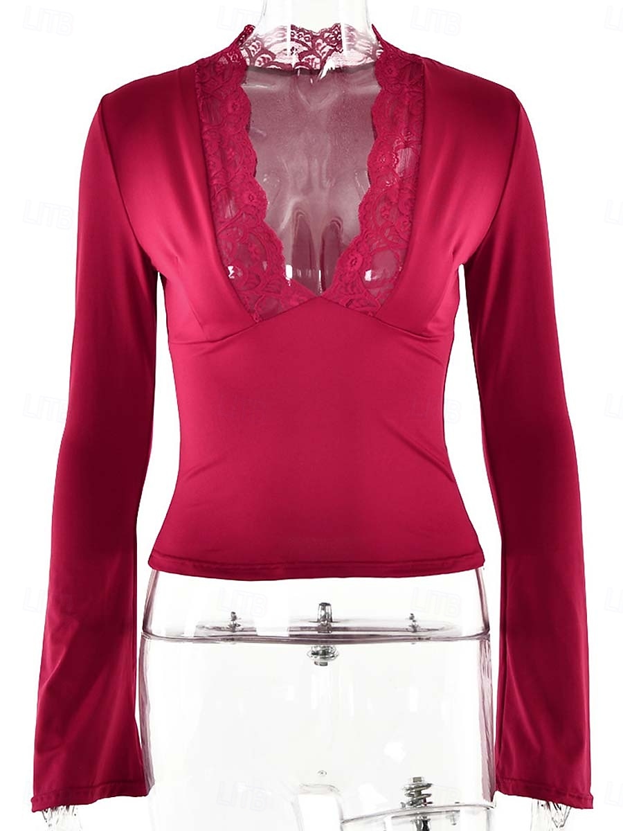 Damen Oberteil mit Spitzenspleiß Sexy Langarm V Ausschnitt Normale Oberteile Weinrot Schwarz Sommer Frühling 2025 - $21.99 –P6
