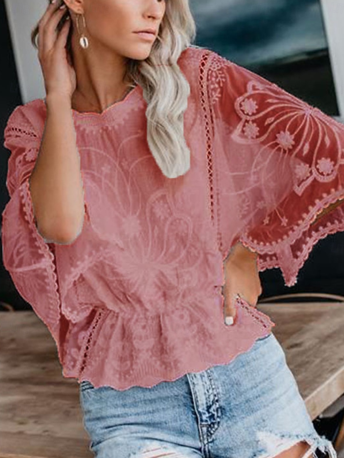 Per donna Camicia Camicia in pizzo Top con cuciture in pizzo Blusa Tinta unica Elegante Moda Informale Mezza manica Maniche ad aletta Girocollo Top regolari Invitati del matrimonio Giornaliero Per del 2025 a $27.99 –P4