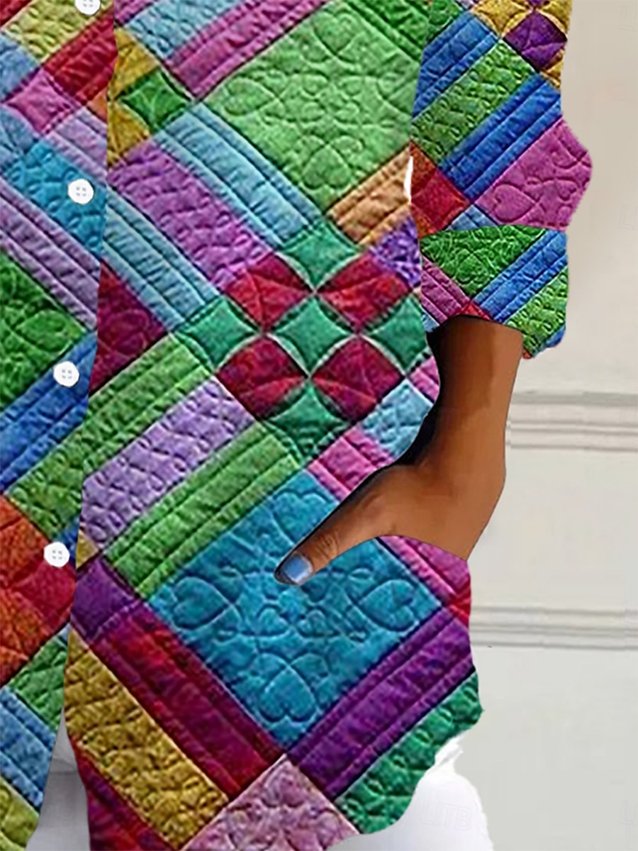 Dame skjorte langermet knappebluse grafisk geometrisk daglig stilig retro vintage 3/4 lengde erme skjorte krage vanlig topper daglige ferie utgående knapper regnbue sommer vår 2025 - $32.99 –P2