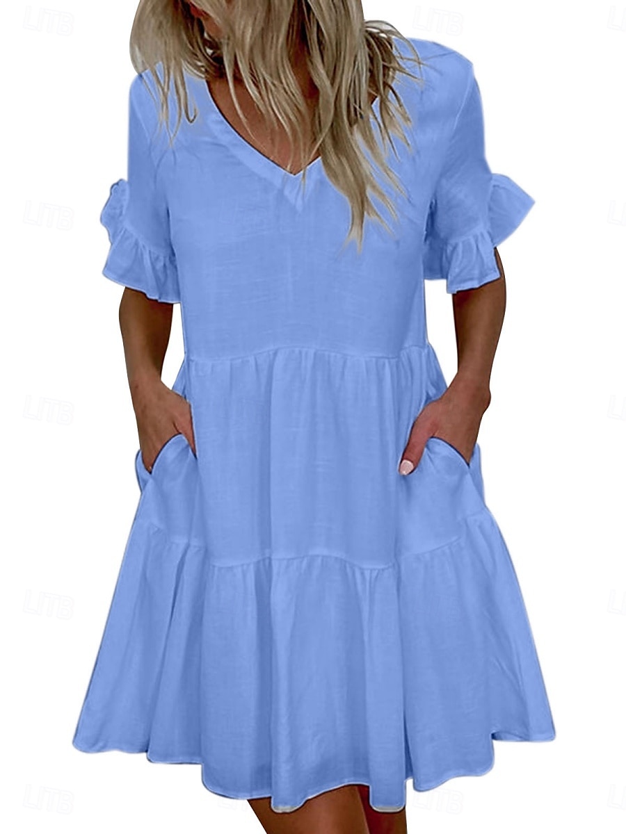 Damen Minikleid Weißes Kleid Casual kleid Rüschenkleid Kleid mit Puffärmeln Basic Brautkleider schlicht Urlaub Täglich Regular Fit Glatt Ärmellos V Ausschnitt Weiß Gelb Blau Sommer 2025 - $21.99 –P4
