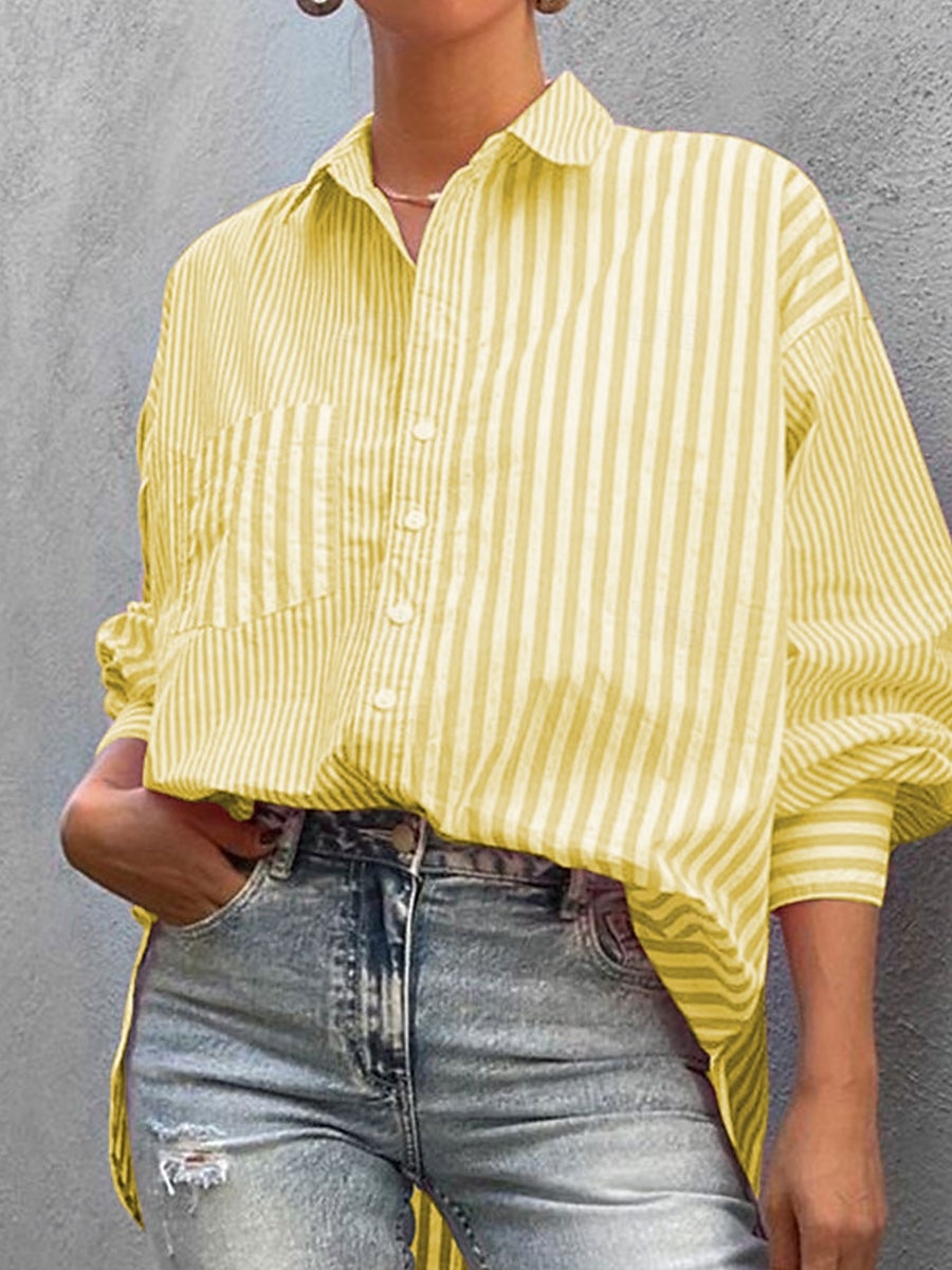 Women's Shirt Blouse Striped Elegant Daily Stylish Long Sleeve Shirt Collar Regular Tops Daily Holiday Going out Buttons Pocket Yellow Pink Green Spring Fall 2025 - $29.99 –P5