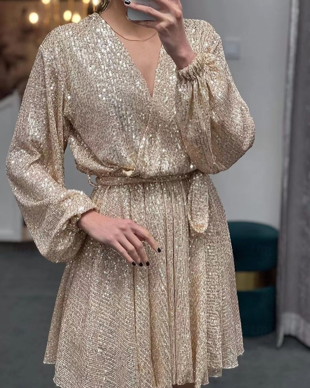 Pentru femei Rochie Mini Rochie cu paiete Rochie eleganta Elegant Epocă Modă Mâneci Bufante Serată Petrecere Petrecere cu cocktail Fit regulat Culoare pură Manșon Lung În V Argintiu Șampaniu 2026 - $31.99 –P2