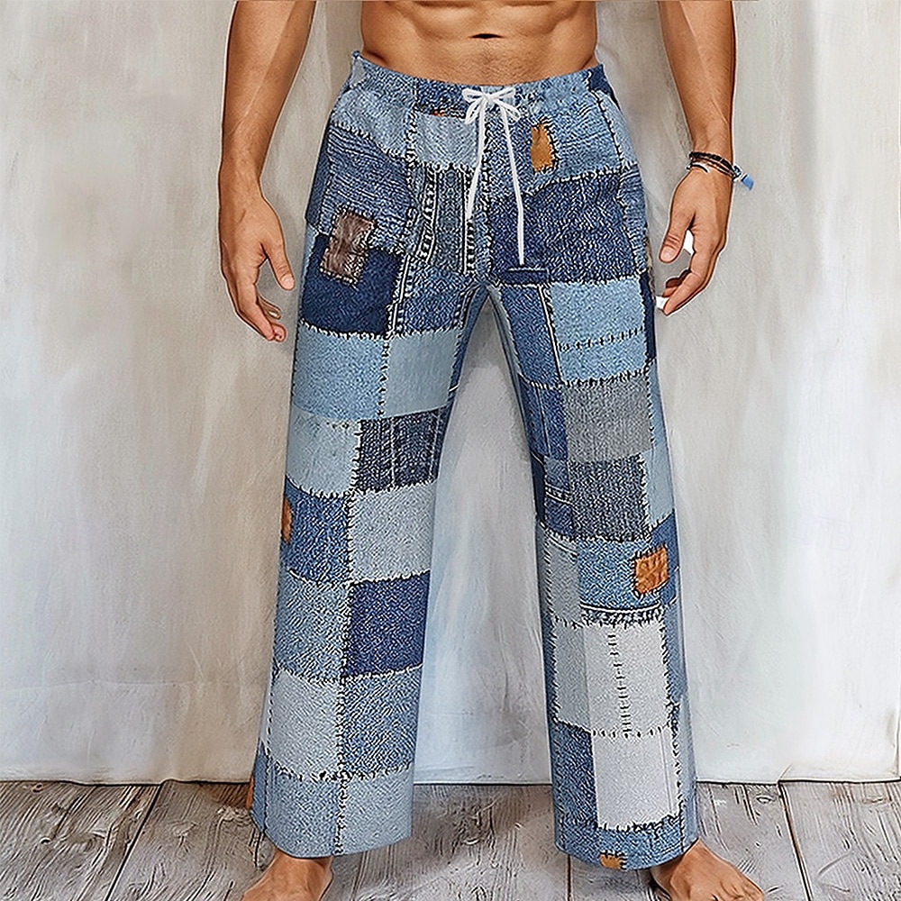 Voor heren Geometrisch Kleurenblok Lapwerk Broek Wijde broek Vrijetijdsbroek Medium Taille Vintage Retro Buiten Vakantie Streetwear Trekkoord Elastische taille Breed Been Zomer Lente 3D-afdrukken 2025 - $25.99 –P1