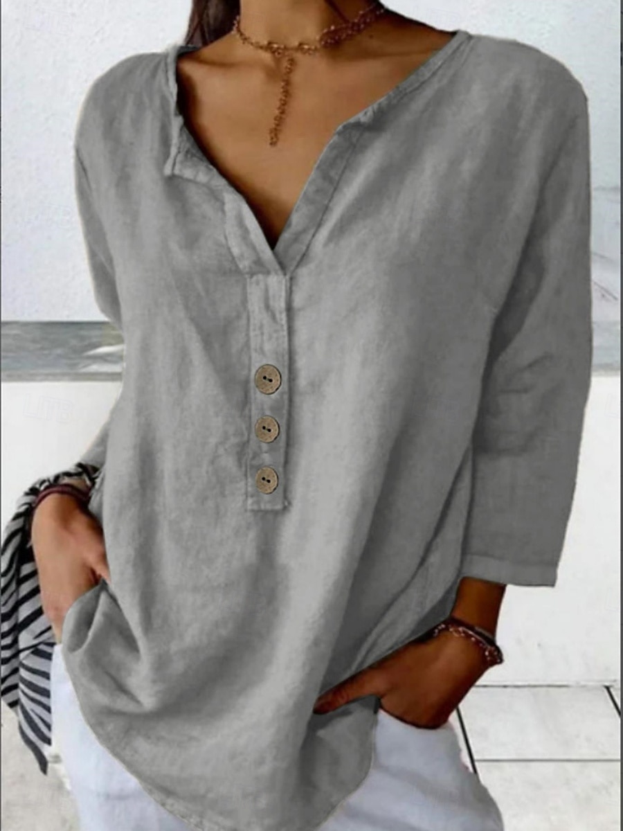 Femme Chemise Chemisier Couleur unie mode Décontractées Manches 3/4 Col Ras du Cou Hauts réguliers du quotidien Boutons Noir Blanche Rose Claire bleu marine Orange Eté Printemps de 2025 ? $29.99 –P9