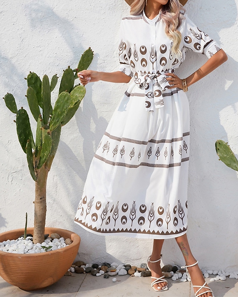 Pentru femei Rochie Lunga Rochie Maxi Rochie casual Rochie de vară Rochie Boho Modă În aer liber Concediu Dată Fit regulat Vopsire Lungime Manșon 3/4 Guler Cămașă Negru Alb Trifoi Vară Primăvară 2025 - $26.99 –P7