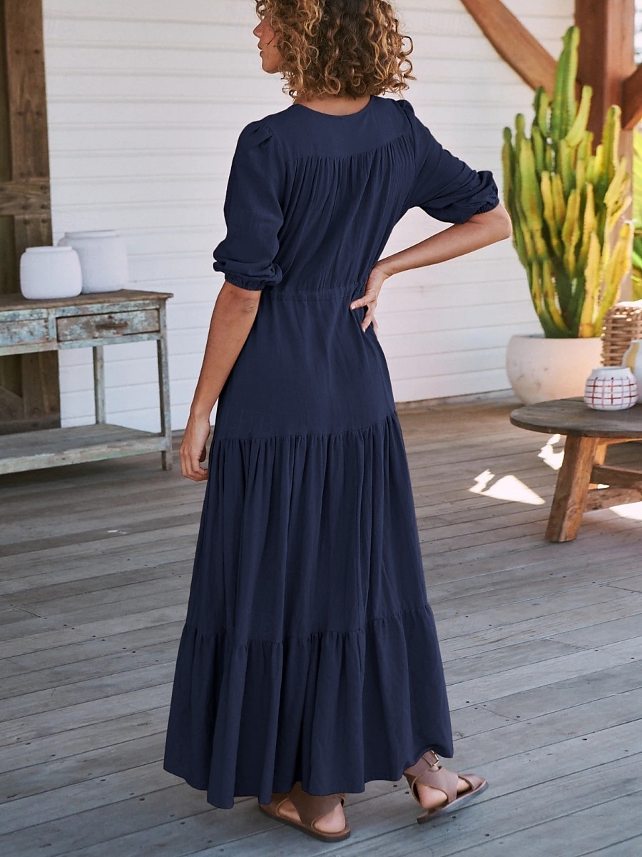 Women's Maxi Dress Casual Dress Swing Dress A Line Dress Casual Vacation Daily Regular Fit Plain Short Sleeve V Neck Black Navy Blue Fuchsia Green Summer 2025 - $31.99 –P14