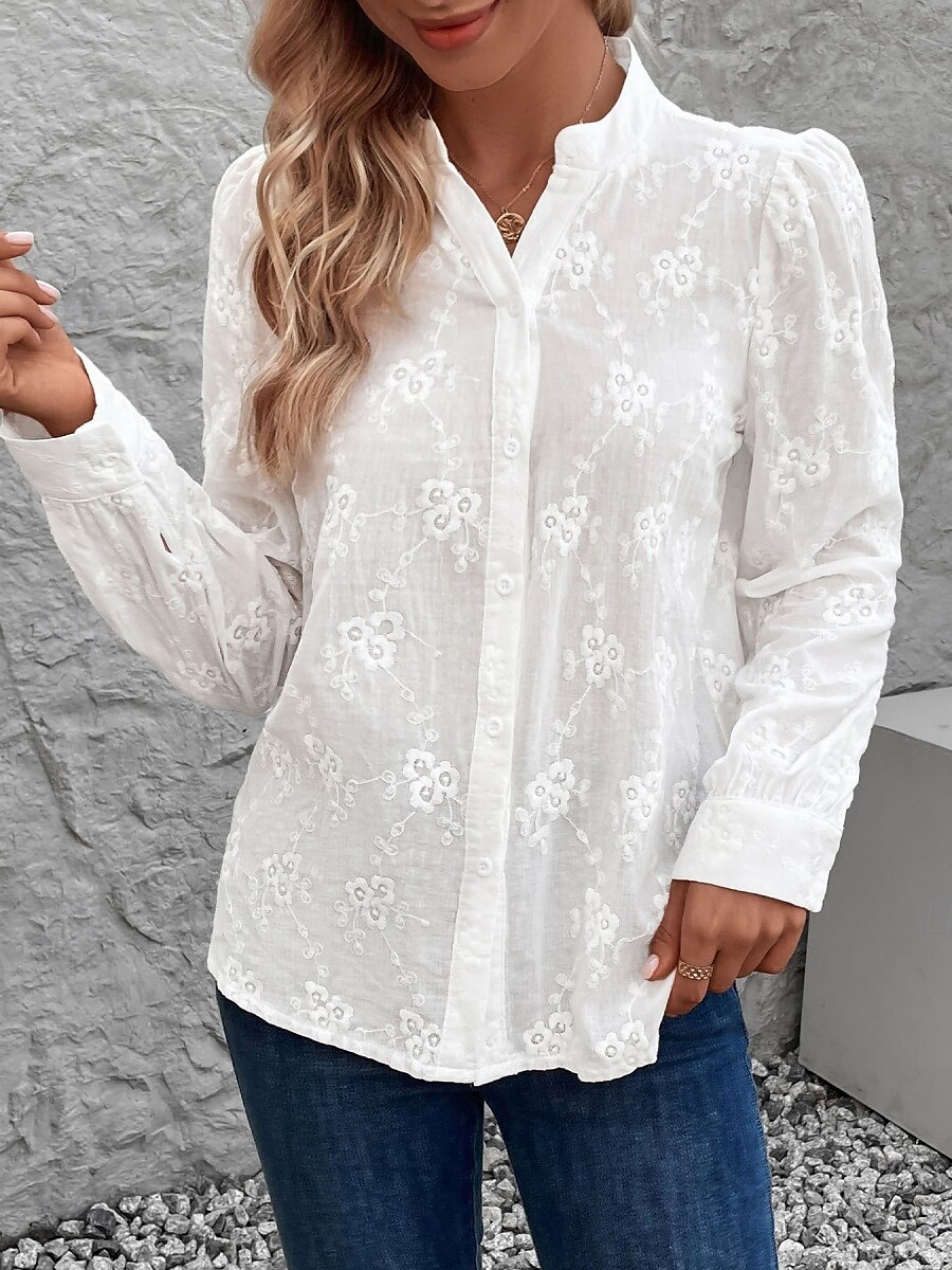 Damen Hemd Bluse Feste Farbe Stilvoll Brautkleider schlicht Langarm Gekerbter Hals Normale Oberteile Täglich Spitze Patchwork Weiß Sommer Frühling 2025 - $39.99 –P7