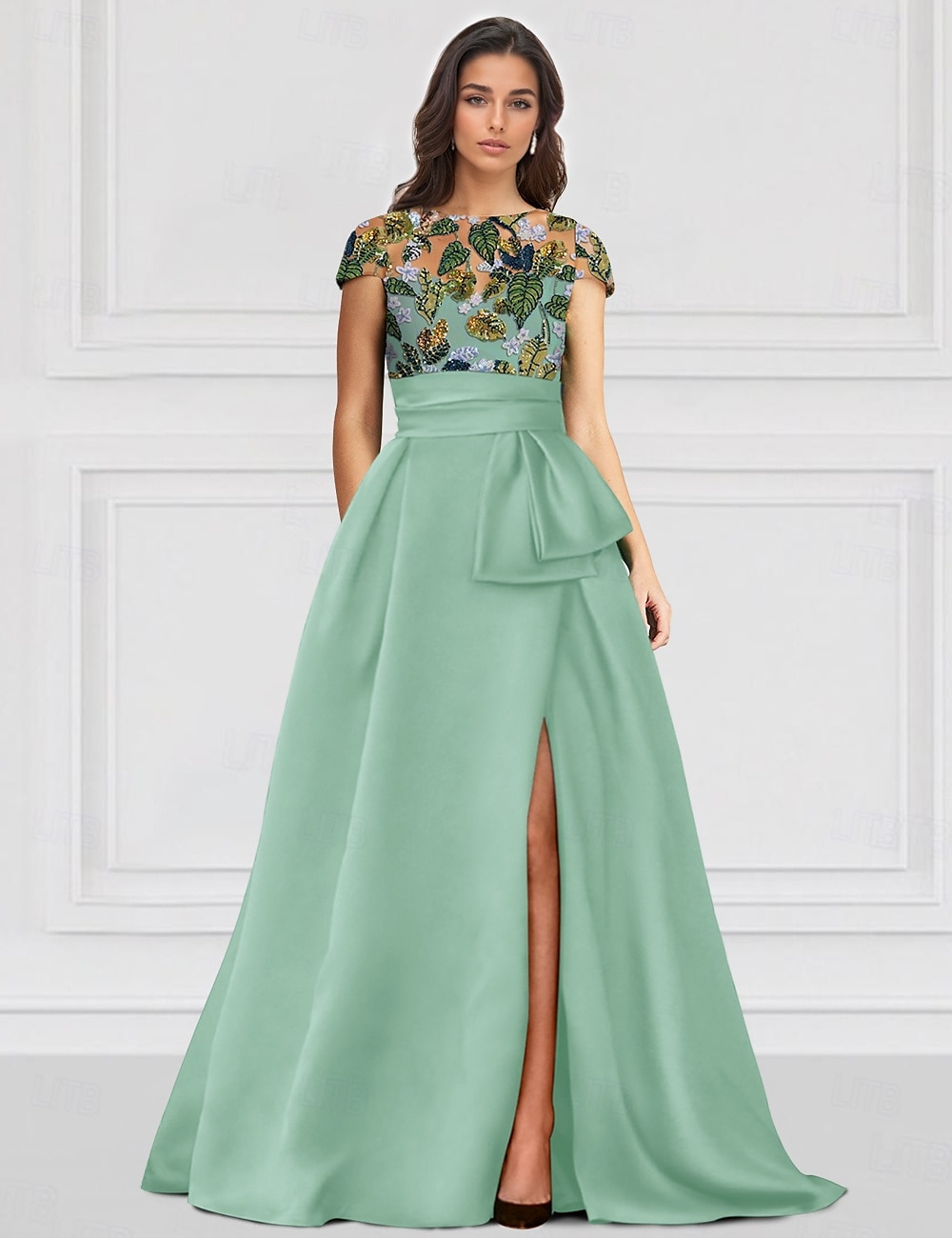 Green Floral Embroidered Leaf A-Line Evening Gown Elegant Dress Formal Wedding Floor Length Half Sleeve Illusion Neck Satin with Slit Appliques 2025 2025 - $158.99 –P3