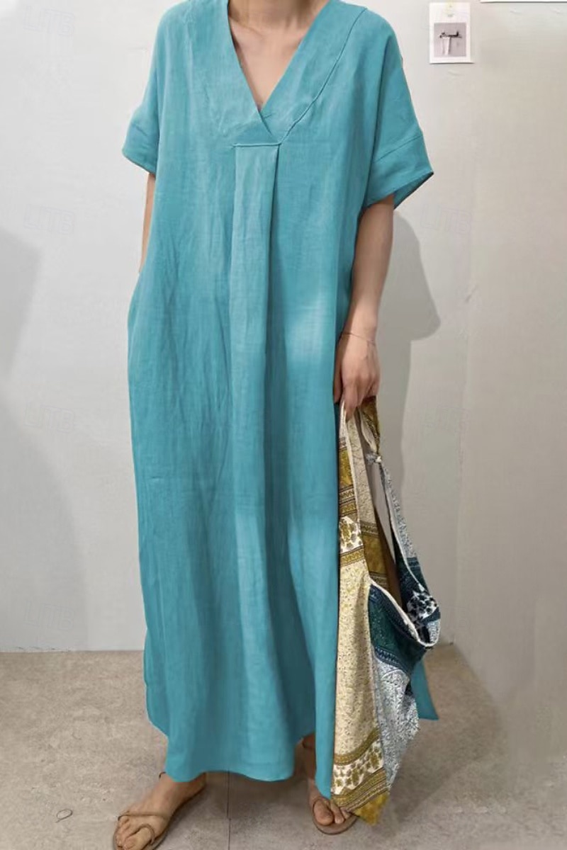 Femmes Robe Midi Robes inspirées du lin Robe en coton et lin Mode Classique Moderne Quotidien Fête Week-end Coupe régulière Uni Manche Courte Col en V Rouge Chameau Violet Vert Été de 2025 ? $32.99 –P1