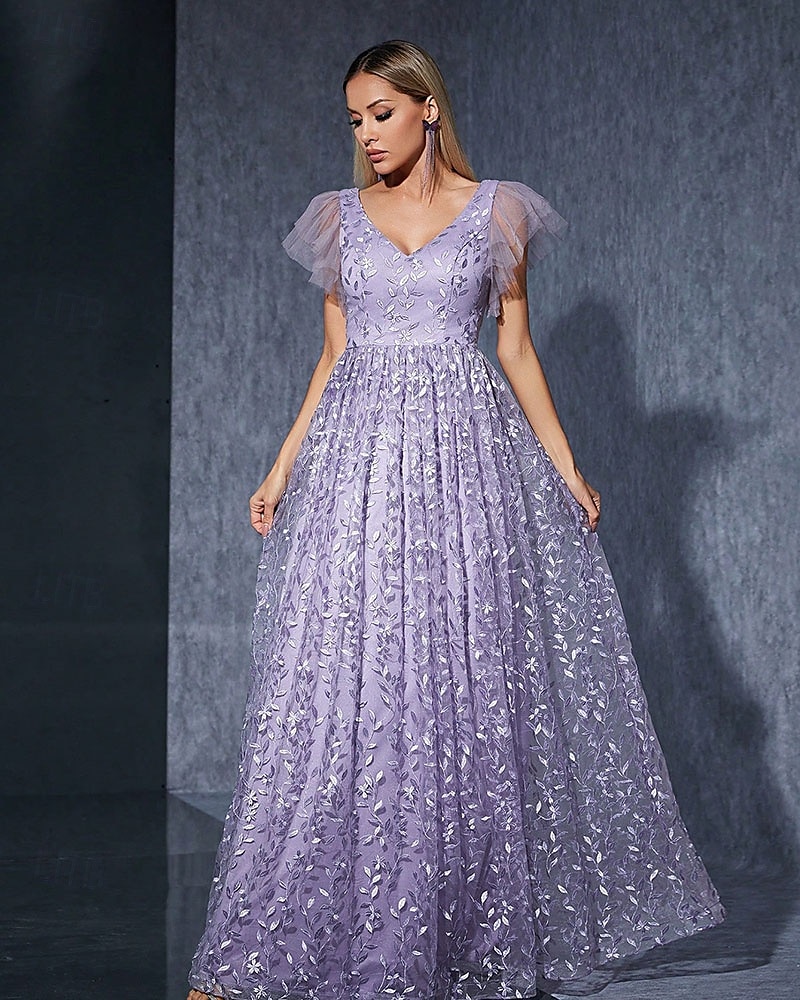 Kleid Mutter der Braut Kleid elegantes lässiges V-Ausschnitt bodenlang Polyester Kurzarm mit Blume 2025 - $104.99 –P6