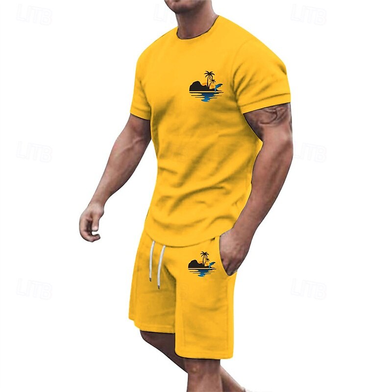 Herr T-shirtkostymer 2 delar outfits T-shirt och shorts Kortärmad Rund hals Sommar Kokosnötsträd Mode Ledigt 2 st Semester Dagliga kläder Utekväll Svart Vit Gul Topp t-shirt för män 2025 - $25.99 –P4
