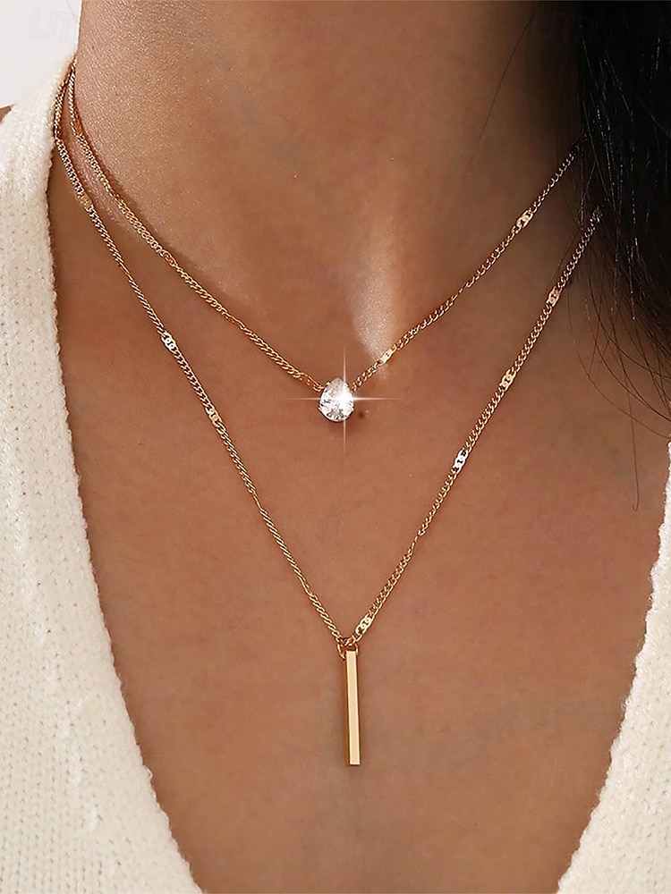 Women's exquisite water drop pendant double-layer gold tone necklace, elegant and simple style, suitable for fashion-conscious women to wear in casual and party occasions 2025 - $7.99 –P1