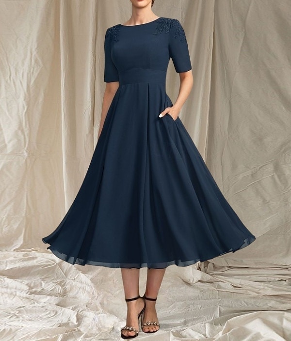 Robe Mère de la Mariée A-Line Invité de Mariage Élégante Col Arrondi Longueur Thé Chiffon Manches Courtes avec Perles Appliques Robe Midi 2025 de 2025 ? $142.99 –P3