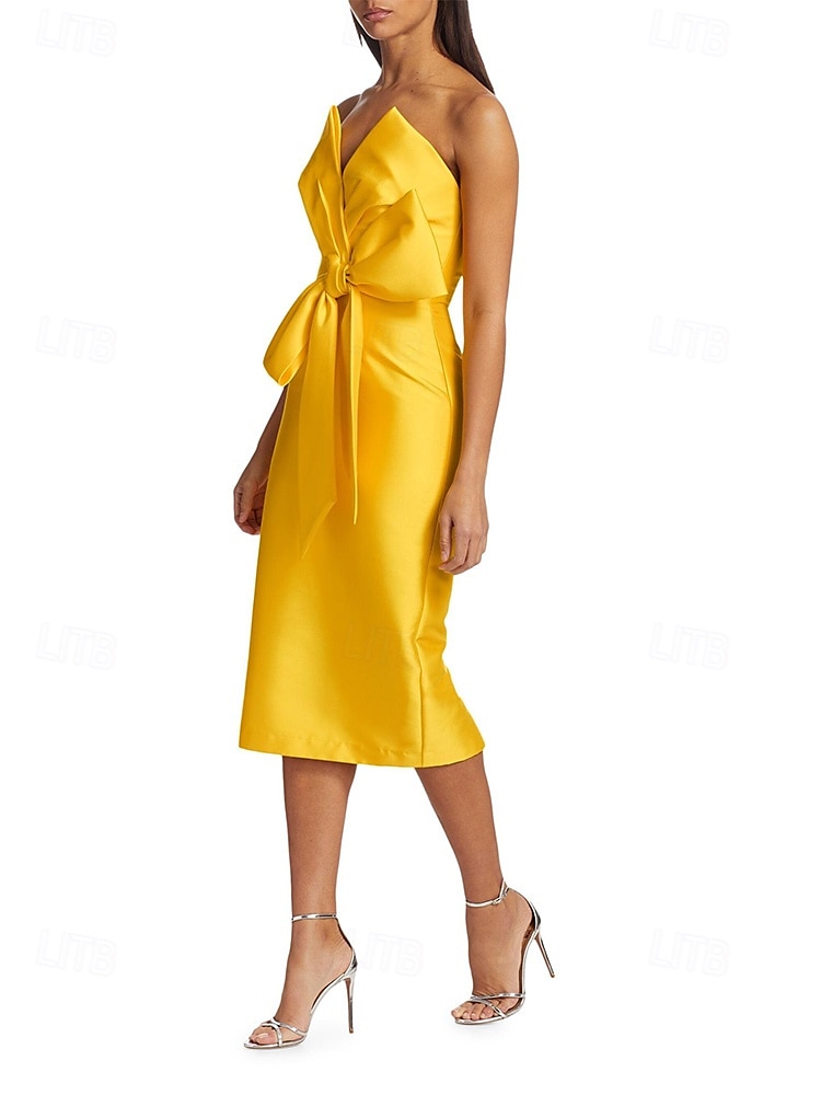 Robe cocktail fourreau  colonne robe invitée de mariage robe formelle de mariage longueur thé sans manches décolleté en V robe jaune satin avec nœud(s) de 2025 ? $155.99 –P3