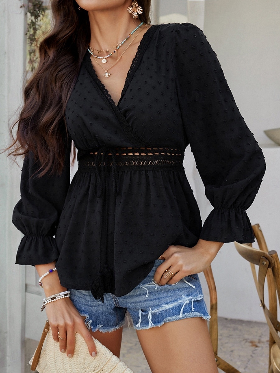 Kvinners Bluse Boho Skjorte Enfarget Stilfull Avslappet Langermet V-Hals Vanlige Topper Daglig Lappverk Utskjæring Sort Hvit Blå Aprikos Sommer Vår 2025 - $37.99 –P10