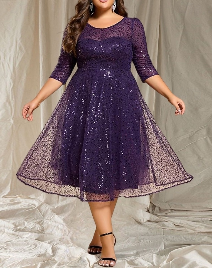 A-Line Wedding Guest Dresses Elegant Dress Wedding Guest Tea Length 3/4  Length Sleeve Crew Neck Fall Wedding Guest Sequined with Glitter Sequin  2026 - 194.99