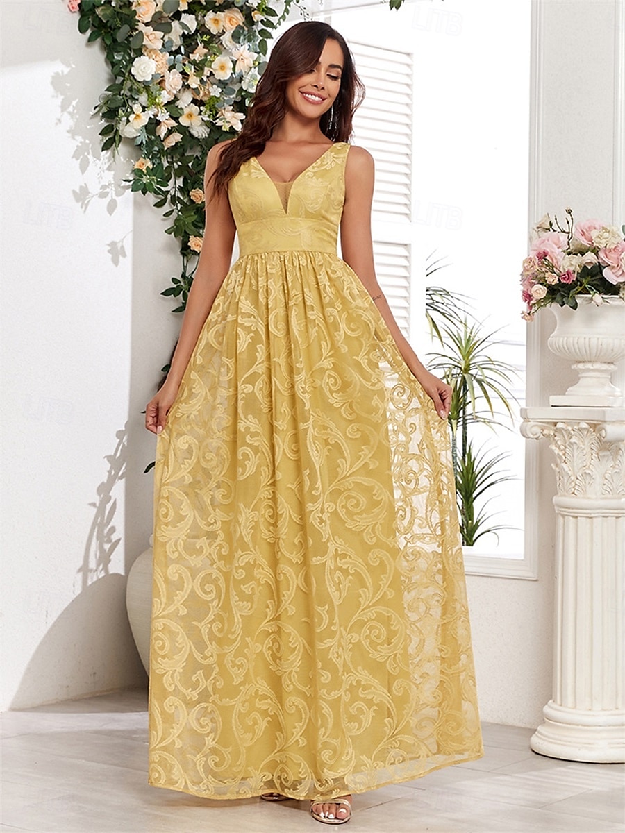 Abiti A-Line per Quinceanera abito elegante matrimonio invitata a matrimonio lunghezza fino al pavimento senza maniche scollo a V in pizzo con pieghe del 2025 a $99.99 –P5