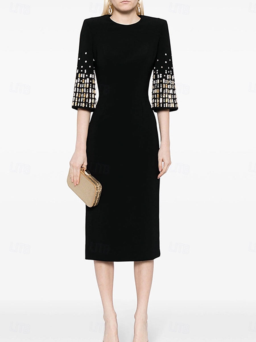 Kleid Brautmutter Kleid Elegantes Partykleid Rundhalsausschnitt Knielang Baumwollmischung Halblangarm mit Perlen Midi Kleid 2025 - $136.99 –P1