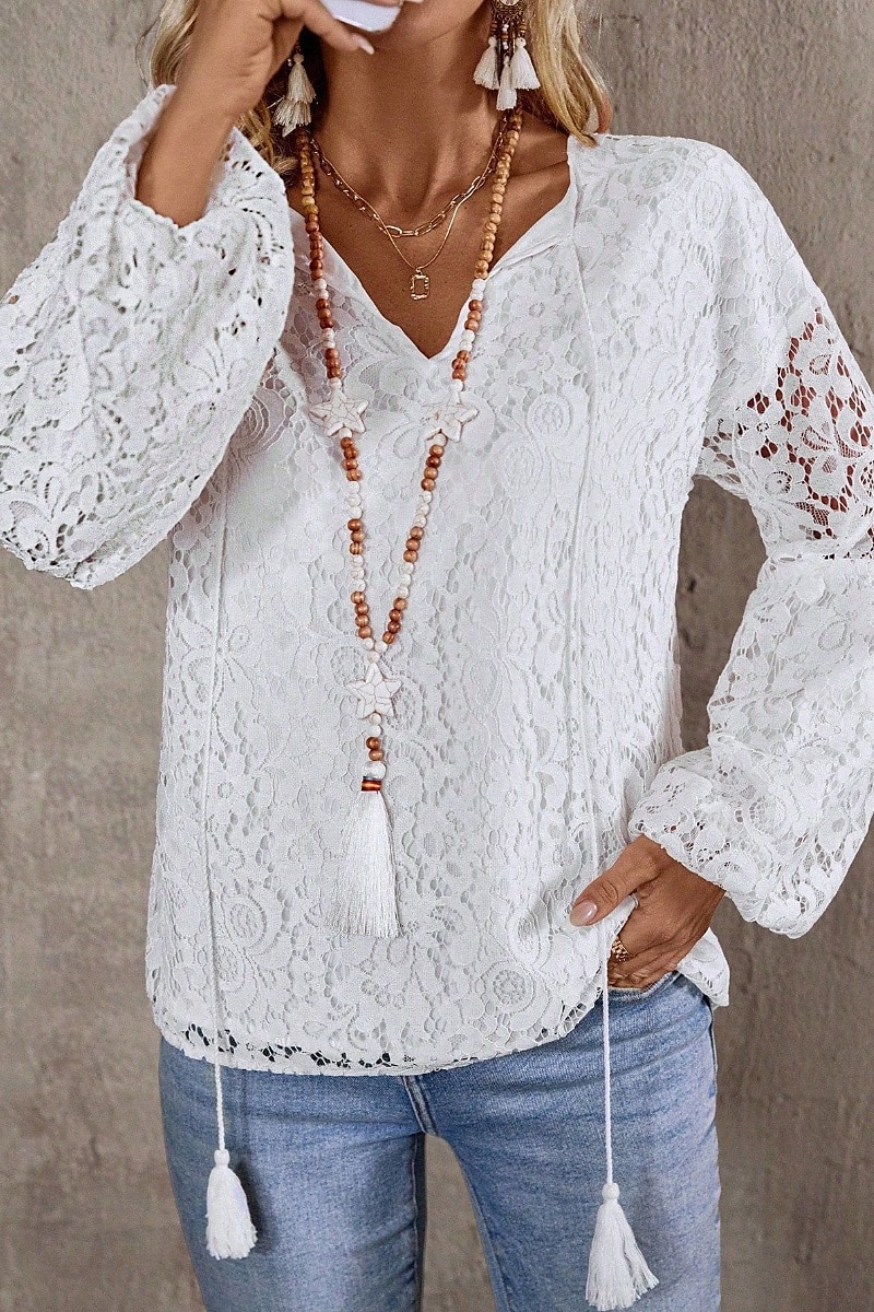 Damen Bluse Spitzentops Glatt Stilvoll Modern Langarm V Ausschnitt Normale Oberteile Täglich Festtage Spitze Weiß Sommer 2025 - $18.99 –P1