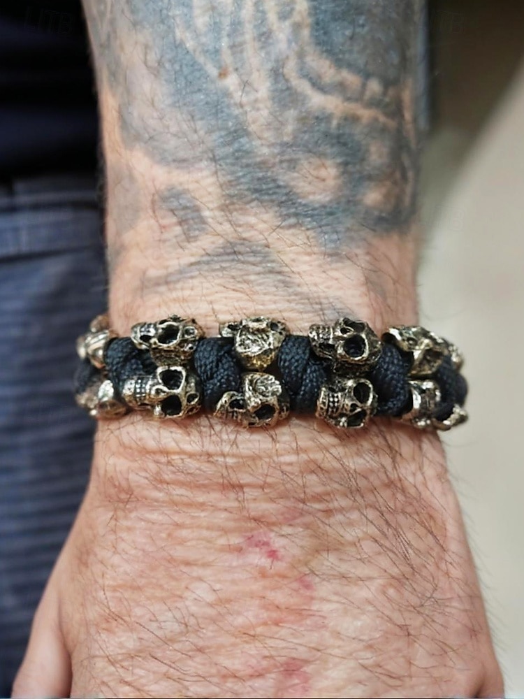 férfi punk koponya karkötő - túlélési kézzel szőtt paracord karkötő, fém gótikus motoros karszalag, rock stílusú ékszerek bulikra és koncertekre 2025 - $14.99 –P1