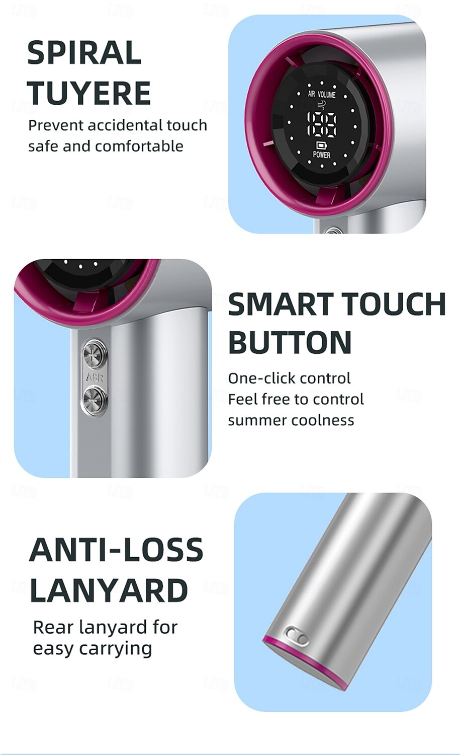 2025年 ポータブルハイスピードファン、超強風、1-100無段階風速、LEDデジタルディスプレイ、スマートタッチコントロール、紛失防止ランヤード コレクション – $29.99 –P12
