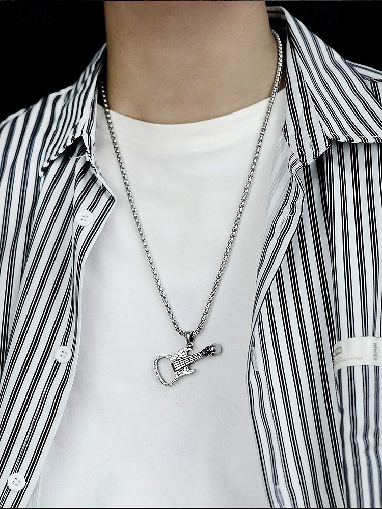 Men's Punk Rock Guitar Necklace with Skull Pendant – Stainless Steel Bottle Opener Chain for Music Lovers, Party & Bar Accessories 2025 - $7.99 –P2