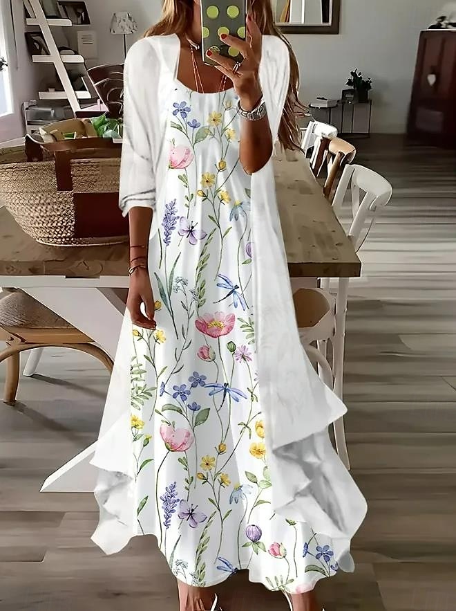 Dámské maxi šaty 2 kusy sada šatů sluneční šaty letní šaty klouzavé šaty dovolená formální boho dovolená volný střih grafika paisley 3/4 délka rukávu ramínko výstřih do V bílé zelené léto jaro 2025 - $51.99 –P1