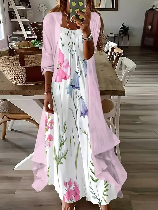 Women's Maxi Dress 2 Pieces Dress Set Sundress Summer Dress Slip Dress Vacation Formal Boho Vacation Loose Fit Floral Graphic 3/4 Length Sleeve Strap V Neck Pink Summer Spring 2025 - $51.99 –P1