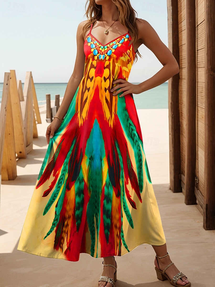 Damen Maxikleid A Linie Kleid Sommerkleid Unterkleid Urlaub Lässig Täglich Normale Passform Grafik Stammes Ärmellos V Ausschnitt Orange Sommer Frühling 2025 - $34.99 –P1