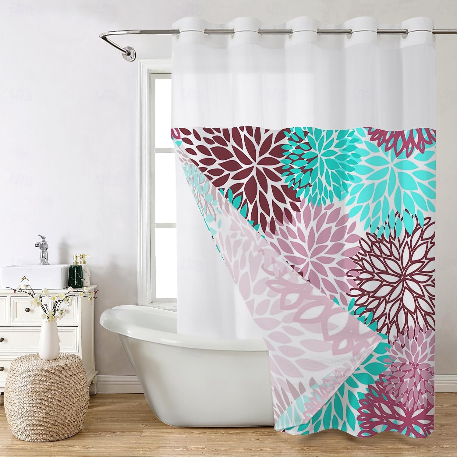 No Hook Leaves Pattern Shower Curtain 180cm*180cm(70"*70"), Double Layer Waterproof Bathtub Curtain with Snap-in Fabric Liner & Sheer Top Window for Bathroom Decor 2025 - $41.99 –P17