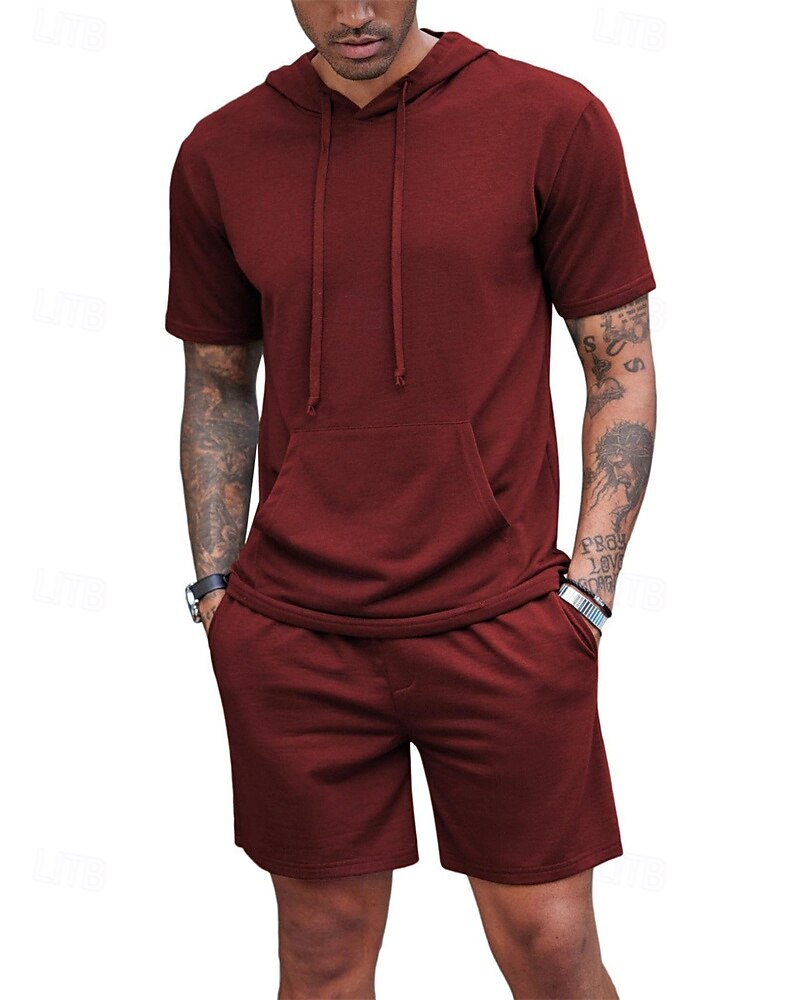 Bărbați Trening Tricou și pantaloni scurți Set de ținute Hanorac cu gluga În aer liber Zilnic Sport Buzunar Cordon Simplu Roșu Vin Negru Alb Poliester Îmbrăcăminte de Sport  Șic Stradă Ușor Vară 2025 - $30.99 -P14
