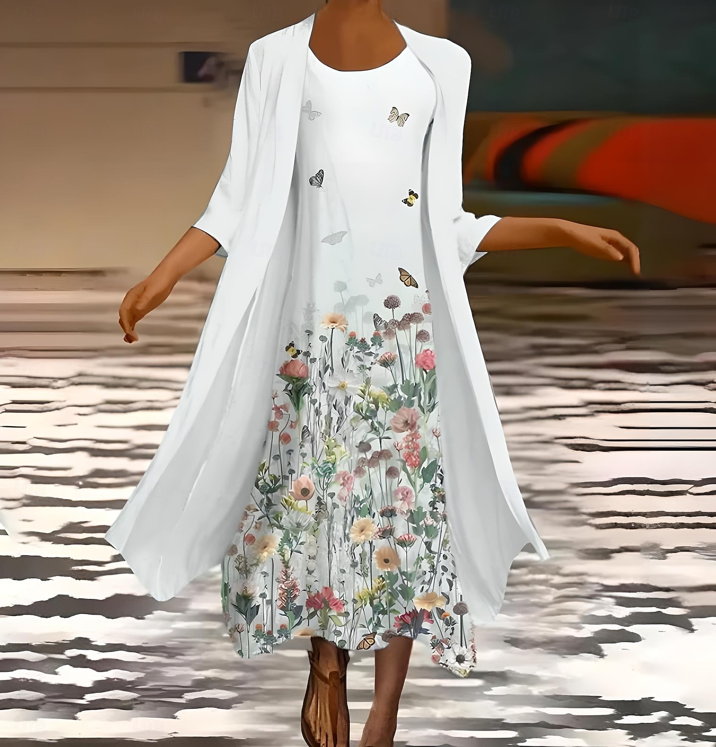 Frauen Kleid Set Maxi Kleid Sommerkleid Urlaub Lässig Regulär Passform Ombre Floral Print 3/4 Länge Ärmel Crew Neck Hochzeitsgast Geburtstag Weiß Himmelblau Sommer Frühling Regulär Fit 2025 - $36.99 –P1