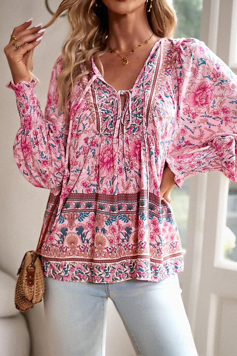 Dame Skjorte Bluse Blomsternål i krystall Daglig Stilfull Fritid Langermet V-hals Vanlige topper Daglig Ferie Trykt mønster Rosa Navyblå Blå Aprikos Vår 2025 - $29.99 –P9