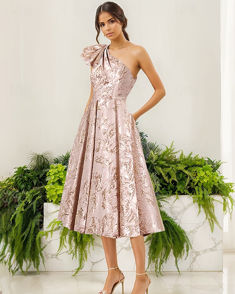 Evening Gown Jacquard Brocade Pleated Dress Formal Wedding Tea Length Sleeveless One Shoulder with Bow(s) Wedding Guest Dress 2025 - $139.99 –P1