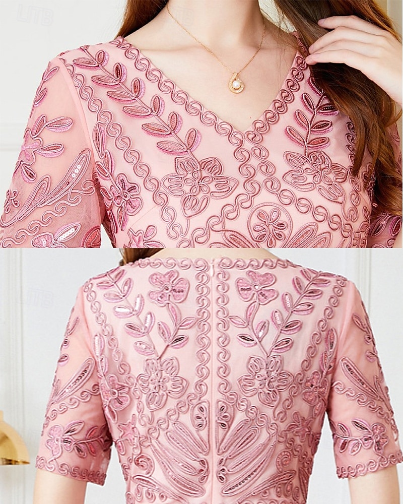 A-Linie Kleid Mutter der Braut Kleid Elegant Vintage Party V-Ausschnitt Tee-Länge Kordelspitze Kurzarm mit Spitze Pailletten Midi Kleid 2025 - $131.99 –P2