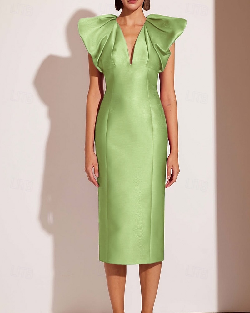 Sukienki koktajlowe typu sheath/kolumna elegancka formalna sukienka ślubna tea długości midi krótki rękaw dekolt w kształcie litery V różowa sukienka satynowa z fałdami 2025 - $144.99 –P4