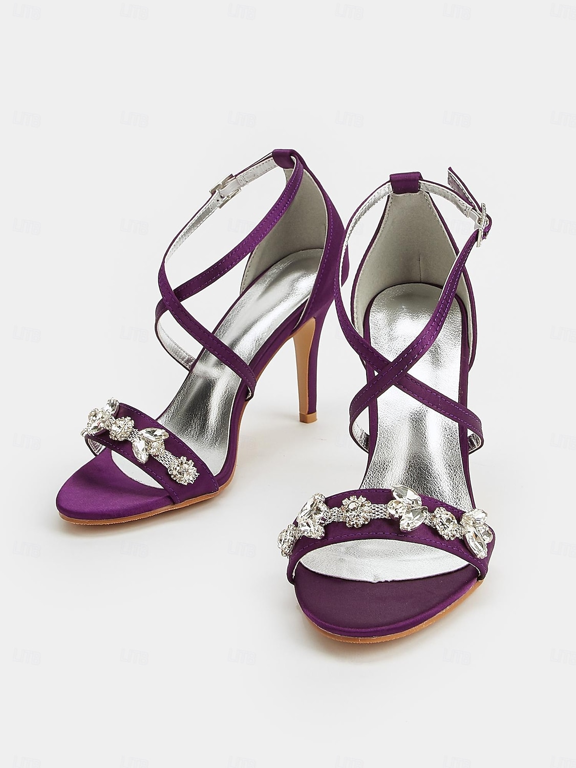 Escarpins à talons aiguilles en satin violet pour femme avec brides en strass – sandales élégantes pour cocktail de 2025 ? $46.99 –P1