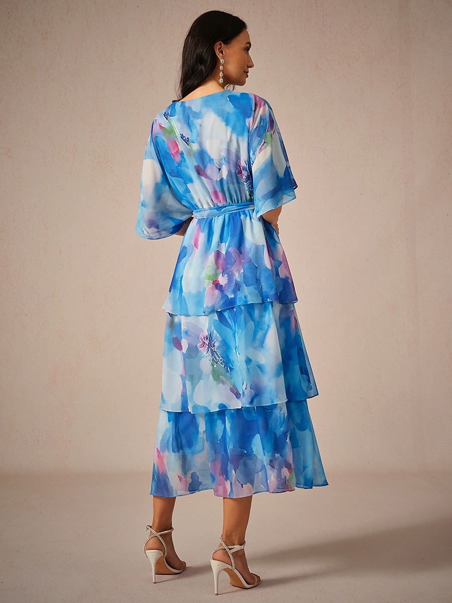 Dame Lang kjole Maxikjole Kjole med A-linje Elegant Formelt Stevnemøte Normal Blomstret Halvlange ermer V-hals Blå Sommer 2025 - $14.79 –P2