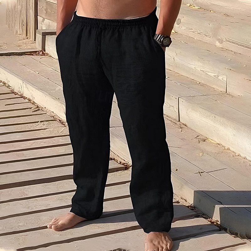 Men's Linen Pants Trousers Summer Pants Beach Pants Pocket Drawstring Elastic Waist Plain Comfort Breathable Vacation Daily Holiday Hawaiian Boho Black Navy Blue 2025 - $19.99 –P3