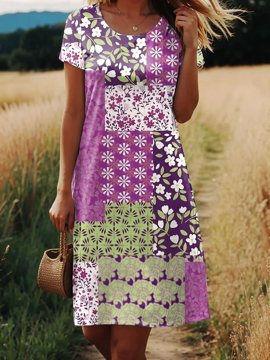 Naisten Mini Mekko A-Linjainen Mekko T-paita Mekko Tee Mekko Kesämekko Tyylikäs Mukava Päivittäinen Normaalikoko Kukka Grafiikka Lyhythihainen Crew Neck Purppura Kesä Kevät 2025 - $23.99 –P1