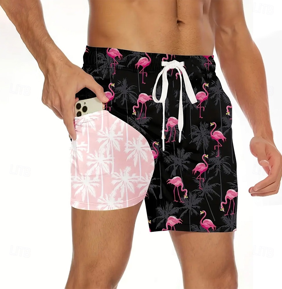 Herr Flamingo Kokosnötsträd Fodrade shorts 2 i 1 simshorts Badshorts Medium Midja Hawaiisk Semester Standkläder Sidfickor Med kompressionsfoder Elastisk dragsko i midjan Designer Kläder 2025 - $21.99 –P1