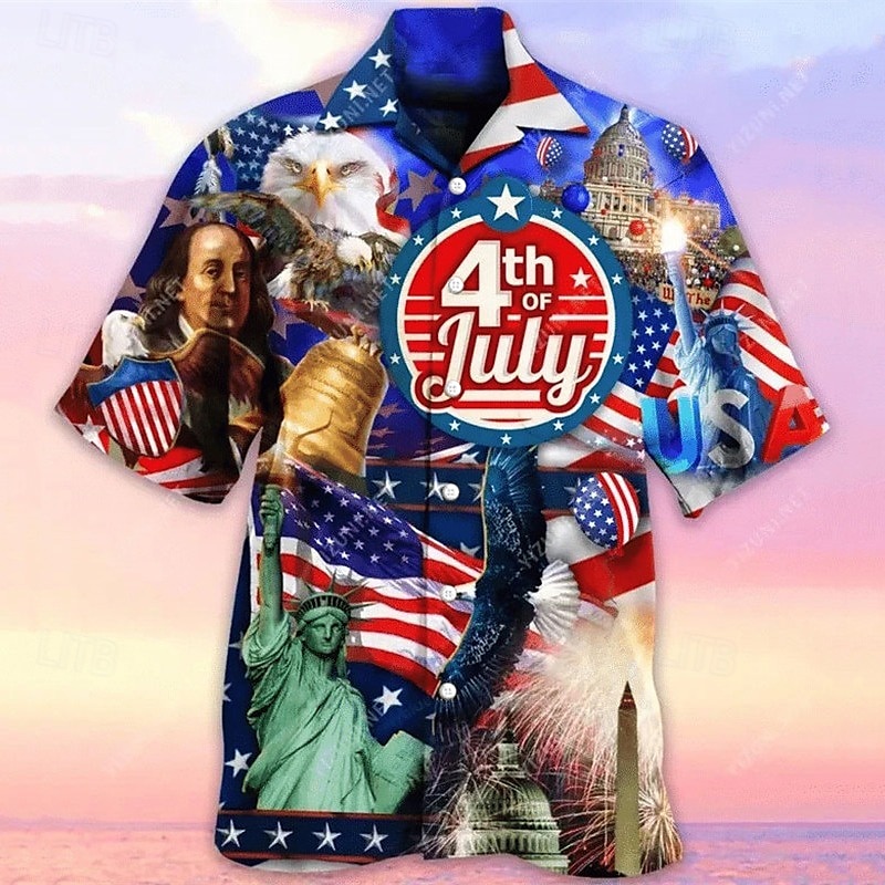 American Independence Day Men's American Flag Shirt Summer Hawaiian Shirt Button Up Shirt Short Sleeve Sports Fashion Streetwear Outdoor Casual Hawaiian Summer Spring Cuban Collar Print Blue 2025 - GBP £19 –P1