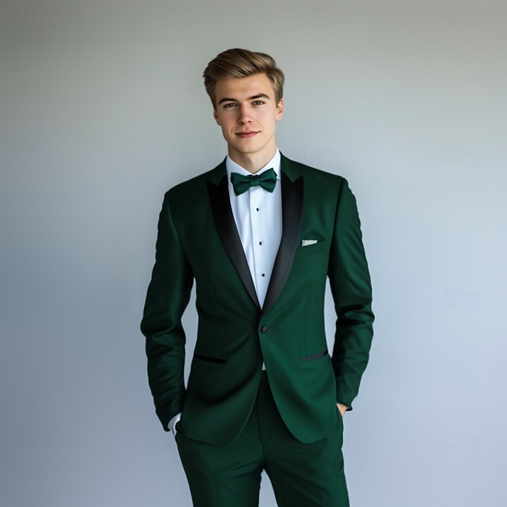 ternos masculinos para festa de formatura, smoking, verde escuro, formal, cor sólida, ajuste padrão, 2 peças, abotoamento simples, um botão de 2025 por $122.99 -P1