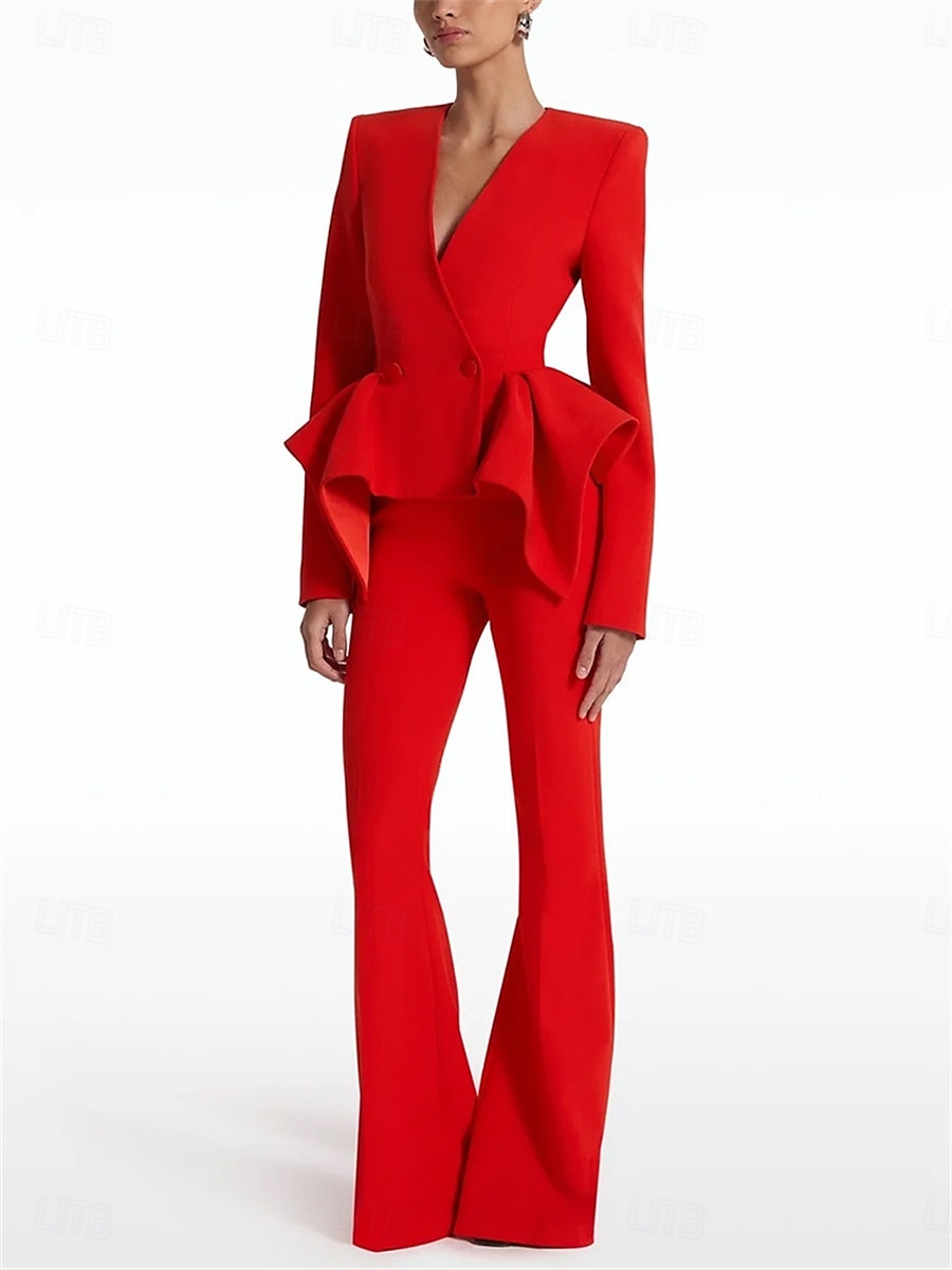 Pantsuit Mother of the Bride Pansuit Elegant Simple V Neck Floor Length Long Sleeve with Ruffles 2025 2025 - $129.99 –P1