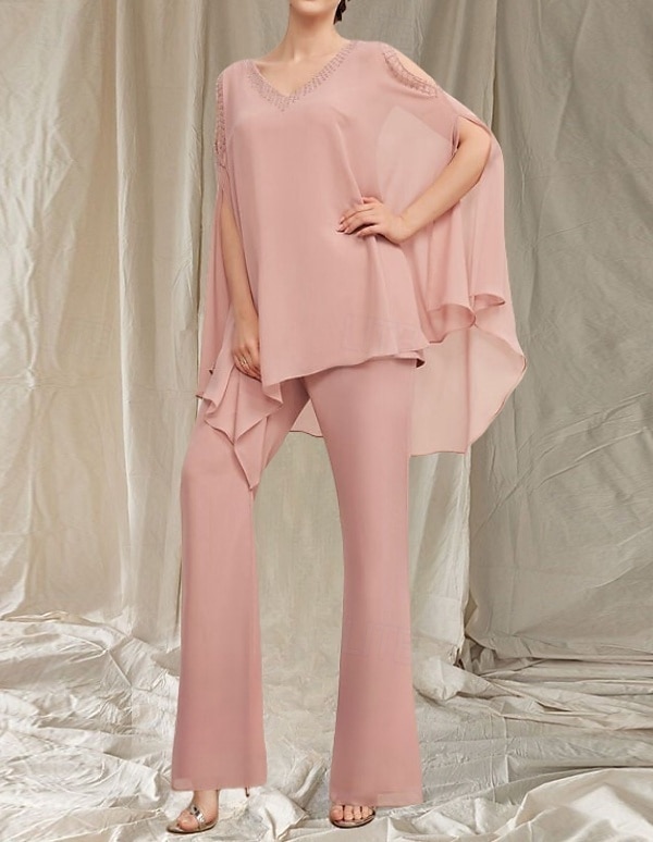 Macacão  Vestido de Calça Mãe da Noiva Vestido Convidada de Casamento Elegante Decote em V Comprimento do Chão Chiffon Manga Longa com Aplicações de 2025 por $147.99 –P4