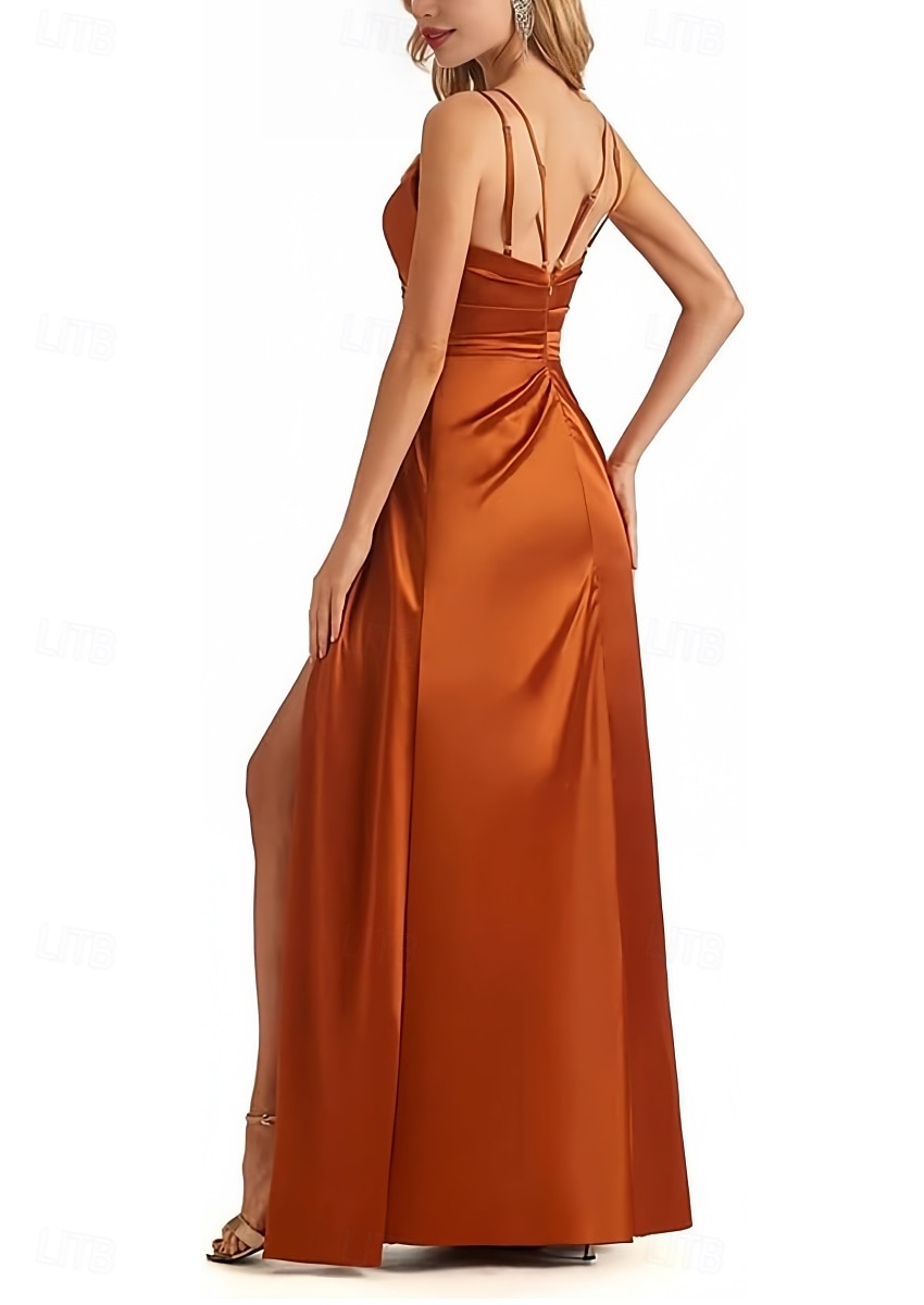 A-Line Bridesmaid Dress V Neck / Spaghetti Strap Sleeveless Elegant Floor Length Satin with Split Front / Ruching 2025 - $141.99 –P3