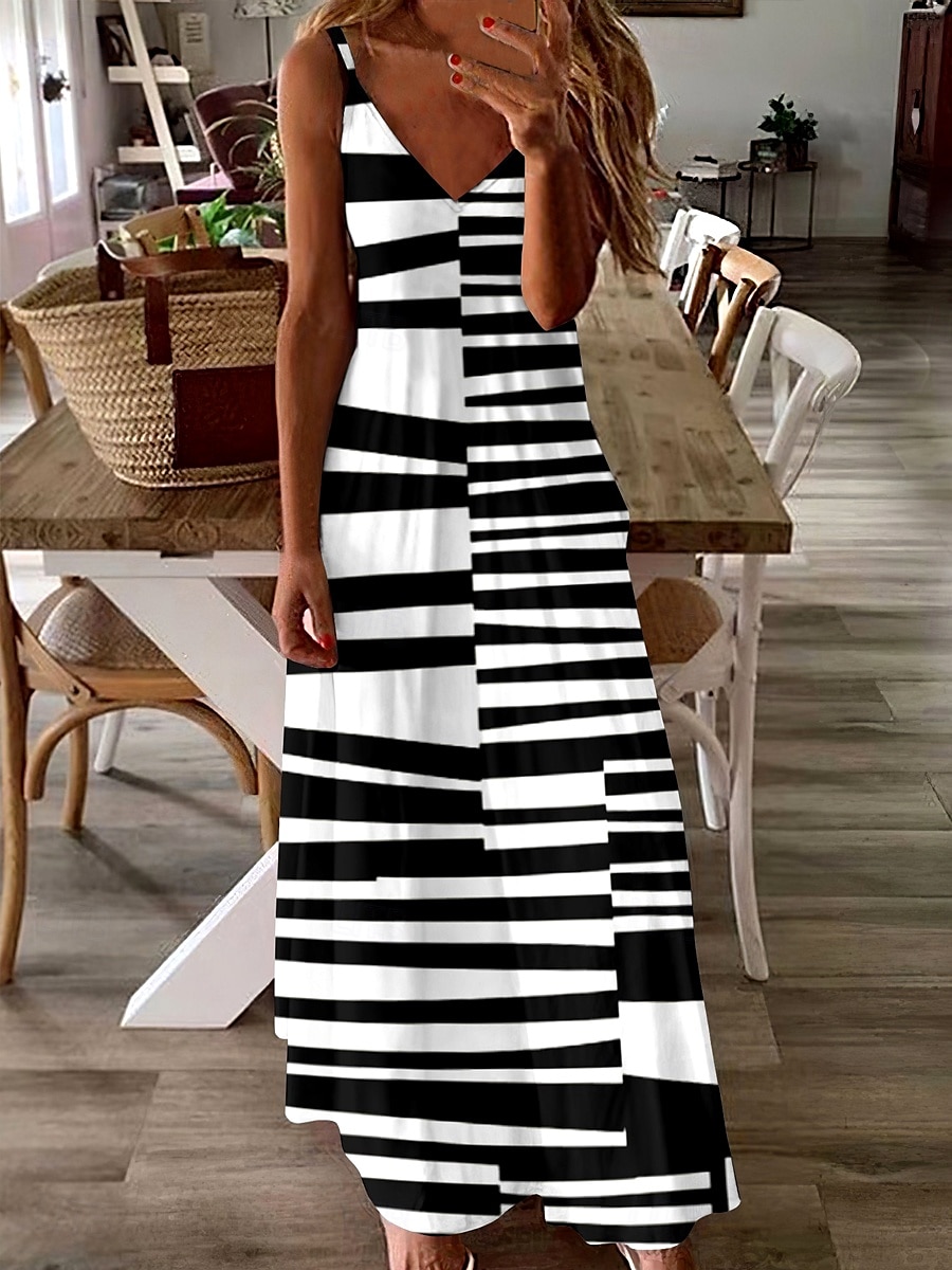Pentru femei Rochie Maxi Rochie A line Rochie de vară Rochie Slip Vacanță Casual Fit regulat Grafic Dunga Fără manșon În V Negru și Alb Vară Primăvară 2025 - $34.99 –P1