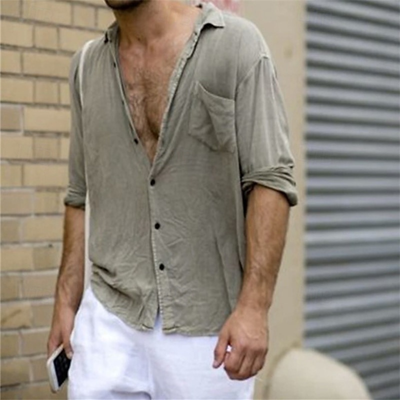 Per uomo Camicia Camicia di lino Camicia in cotone e lino Camicia casual Camicia con Bottoni Semplice Vacanza Streetwear Bianco Verde Grigio Manica Lunga Bavero Estate Abbigliamento Tasca del 2025 a $21.99 –P2